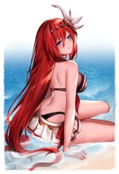 Rule 34 | 1girl, absurdres, alexiel (summer) (granblue fantasy), annno ans, arm support, bare shoulders, bikini, bikini skirt, blue eyes, blush, breasts, butt crack, commentary request, commission, godsworn alexiel, granblue fantasy, hair ornament, highres, large breasts, lips, long hair, looking at viewer, red hair, shiny skin, shore, simple background, sitting, skeb commission, smile, solo, swimsuit, thighs, water, water drop, wet