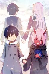 Rule 34 | 10s, 1boy, 1girl, ^ ^, book, closed eyes, coat, colored skin, commentary request, couple, darling in the franxx, closed eyes, fingernails, fur trim, grey coat, grin, hair between eyes, happy, highres, hiro (darling in the franxx), holding, holding book, holding hands, horns, hoshizaki reita, long sleeves, oni, oni horns, pink hair, purple hair, red skin, robe, sharp fingernails, signature, smile, standing, aged down, zero two (darling in the franxx)