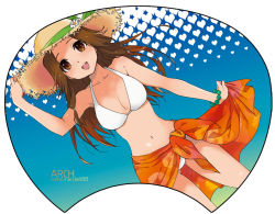 Rule 34 | 10s, 1girl, :d, arm up, armpits, artist name, bare arms, bare shoulders, bikini, blush, bracelet, breasts, brown eyes, brown hair, brown hat, cleavage, clothes lift, collarbone, cowboy shot, daisy, dutch angle, floral print, flower, green ribbon, hand on headwear, hat, hat flower, hat ribbon, heart, jewelry, jintsuu (kancolle), kantai collection, legs apart, long hair, navel, open mouth, pearl bracelet, plum (arch), ribbon, round teeth, sarong, sarong lift, sidelocks, smile, solo, standing, stomach, straw hat, swimsuit, tareme, teeth, white bikini