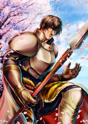 Rule 34 | 1boy, armor, blue sky, brown gloves, brown hair, cape, cherry blossoms, day, gloves, holding, holding weapon, kneeling, looking at viewer, male focus, on one knee, outdoors, polearm, prince (sennen sensou aigis), sennen sensou aigis, sky, spear, tree, weapon, white cape, yamakou (pixiv16324)