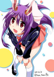 Rule 34 | 1girl, :d, animal ears, blazer, blush, from above, hands on own knees, jacket, leaning forward, looking at viewer, lowres, miniskirt, necktie, open mouth, purple hair, rabbit ears, red eyes, red necktie, reisen udongein inaba, skirt, smile, solo, touhou, train 90, twitter username