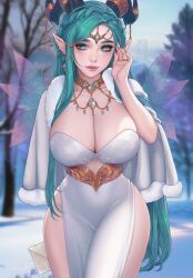 Rule 34 | 1girl, player character (wow), blue eyes, blue hair, blurry, blurry background, breasts, capelet, cleavage, collarbone, commentary, dracthyr, dress, earrings, english commentary, envelope, fur-trimmed capelet, fur trim, grey capelet, hair behind ear, highres, horns, jewelry, large breasts, long hair, looking at viewer, necklace, outdoors, pointy ears, ring, smile, solo, tree, very long hair, warcraft, white dress, wings, world of warcraft, yiiande