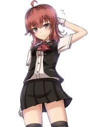 Rule 34 | 10s, 1girl, ahoge, arashi (kancolle), arm behind head, arm up, black skirt, black thighhighs, black vest, blush, buttons, collared shirt, flying sweatdrops, gloves, grey eyes, highres, kantai collection, looking at viewer, necktie, pleated skirt, red hair, red necktie, shirt, short sleeves, sidelocks, simple background, skirt, smile, solo, standing, thighhighs, vest, white background, white gloves, white shirt, yakob labo, zettai ryouiki