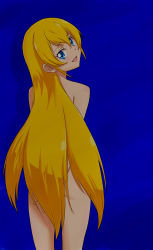 Rule 34 | 1girl, :d, absurdres, arms behind back, blonde hair, blue background, blue eyes, blush, dokidoki! precure, from behind, hair censor, highres, long hair, looking back, mishima ren&#039;ichirou, no headwear, no ribbon, nude, open mouth, precure, regina (dokidoki! precure), simple background, smile, solo, standing, tears