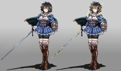 Rule 34 | 1girl, armor, belt, bike shorts, black hair, boots, buckler, cape, chest belt, commentary request, energy, full body, highres, holding, holding sword, holding weapon, knee high boots, leather, leather boots, looking at viewer, original, rapier, shield, short hair, simple background, skirt, smile, solo, standing, sword, thighhighs, udetamago, weapon, yellow eyes, zettai ryouiki