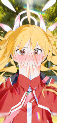 Rule 34 | 1girl, absurdres, ahoge, bag, blonde hair, blue archive, blush, bm tol, covering own mouth, halo, hand blush, highres, jacket, light particles, looking at viewer, shoulder bag, solo, sweatdrop, track jacket, twintails, upper body, yoshimi (blue archive)