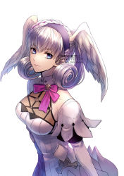 Rule 34 | 1girl, artist request, blue eyes, braid, breasts, crown braid, curly hair, dress, head wings, juliet sleeves, long hair, long sleeves, looking at viewer, magic, medium breasts, melia antiqua, o-ring, puffy sleeves, short dress, simple background, smile, solo, staff, thighhighs, upper body, wings, xenoblade chronicles: future connected, xenoblade chronicles (series), xenoblade chronicles 1