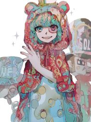 Rule 34 | 1girl, animal ears, bear ears, blue eyes, cape, character request, dress, fake animal ears, food, green hair, hat, highres, hood, looking at viewer, monocle, one piece, open hand, polka dot, polka dot dress, short hair, smile, solo focus, sparkle, sugar (one piece), thunder soldier, upper body, yadu nadu