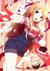 Rule 34 | 1girl, blonde hair, blue eyes, cake, candy, female focus, food, hair ribbon, happy, lollipop, long hair, muffin, overalls, ribbon, riki-to, short shorts, shorts, solo, sweets