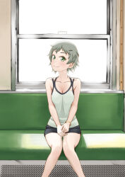 Rule 34 | 1girl, bare shoulders, bench, black shorts, blush, bracelet, breasts, camisole, cleavage, closed mouth, collarbone, commentary, easy (aqk7bdqt), feet out of frame, green camisole, green eyes, grey hair, jewelry, knees together feet apart, light blush, looking at viewer, medium breasts, messy hair, monogatari (series), oikura sodachi, on bench, own hands together, short hair, short shorts, shorts, sitting, sleeveless, smile, solo, train interior, v arms, very short hair, window, zoku owarimonogatari