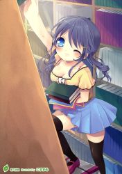 Rule 34 | 1girl, ;(, absurdres, black thighhighs, blue eyes, blue hair, bookshelf, breasts, cleavage, hair ornament, hairclip, highres, kosuzume, ladder, library, mary janes, one eye closed, shoes, solo, thighhighs, zettai ryouiki