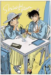 Rule 34 | 1boy, 1girl, black hair, blue eyes, blue shirt, chair, character name, collared shirt, commentary request, cup, drinking straw, green pants, green skirt, hand on own face, hat, highres, kudou shin&#039;ichi, long hair, long skirt, looking at viewer, masso, meitantei conan, mouri ran, pants, shirt, short hair, sitting, skirt, smile, spoon, v