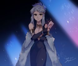 Rule 34 | 1girl, alternate costume, alternate hairstyle, bare shoulders, black dress, blunt bangs, bracelet, breasts, card, cleavage, coat, cowboy shot, crossed arms, dress, elbow gloves, fate/grand order, fate (series), fingerless gloves, fur coat, gloves, goya (xalbino), holding, holding card, jewelry, light, light particles, long hair, looking at viewer, medium breasts, necklace, penthesilea (fate), penthesilea (shining skyscrapers) (fate), poker, revealing clothes, sidelocks, solo, upper body, white hair, yellow eyes