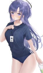 Rule 34 | 1girl, :o, adjusting clothes, arms behind back, black shirt, blue archive, blue buruma, blush, bottle, breasts, buruma, cowboy shot, facial mark, gym uniform, halo, hand up, highres, holding, holding bottle, lanyard, long hair, looking at viewer, me meel, medium breasts, official alternate costume, parted bangs, parted lips, purple eyes, purple hair, raised eyebrows, shirt, short sleeves, sidelocks, simple background, solo, star (symbol), star facial mark, t-shirt, thighs, water bottle, white background, yuuka (blue archive), yuuka (track) (blue archive)