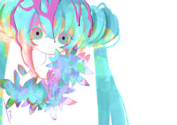 Rule 34 | 13 31n, 1girl, alternate costume, alternate hairstyle, aqua eyes, aqua hair, closed mouth, colorful, cropped shoulders, dripping, empty eyes, flower, hatsune miku, head tilt, liquid, long hair, multicolored eyes, negative space, pink eyes, ringed eyes, sidelocks, signature, simple background, solo, spaghetti strap, straight-on, twintails, vocaloid, white background, wide-eyed