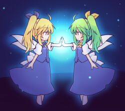 Rule 34 | 216, 2girls, ahoge, alternate hair color, blonde hair, blue bow, blue bowtie, blue skirt, blue vest, blush, bow, bowtie, commentary request, daiyousei, dual persona, fairy wings, floating, green hair, hair bow, hair ribbon, long hair, multiple girls, night, night sky, outdoors, ribbon, shirt, short sleeves, side ponytail, skirt, skirt set, sky, smile, star (sky), starry sky, touhou, vest, white shirt, wings, yellow bow, yellow bowtie