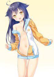 Rule 34 | 10s, 1girl, :d, ahoge, blue background, blue hair, center opening, collarbone, cowboy shot, drawstring, flat chest, gluteal fold, gradient background, hair flaps, hair ornament, hairclip, highres, hinako note, hood, hood down, hoodie, jacket, kazuma (kazumav), leaning to the side, long hair, long sleeves, looking at viewer, naked hoodie, natsukawa kuina, navel, off shoulder, open mouth, partially unzipped, smile, solo, star (symbol), star print, stomach, thigh gap, yellow eyes