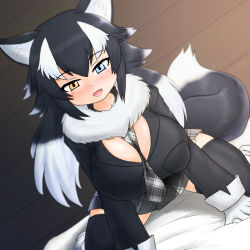 Rule 34 | 1girl, animal ears, bed, between breasts, black hair, black thighhighs, blue eyes, blush, breast pocket, breasts, cleavage, commentary, commentary request, fang, fur collar, grey wolf (kemono friends), heterochromia, highres, indoors, kemono friends, large breasts, long hair, looking at viewer, mo23, multicolored hair, necktie, necktie between breasts, open clothes, open mouth, pocket, skirt, solo, tail, thighhighs, two-tone hair, white hair, wolf ears, wolf girl, wolf tail, yellow eyes, zettai ryouiki