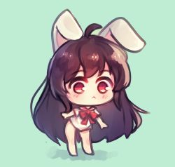 Rule 34 | 1girl, :&lt;, ahoge, animal ears, brown hair, rabbit ears, chibi, commentary request, green background, highres, kosobin, leaning forward, long hair, no pants, original, outstretched arms, red eyes, shirt, simple background, sketch, solo, very long hair, white shirt