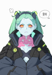 Rule 34 | 1girl, puff of air, absurdres, artificial eye, black bra, black jacket, bra, breasts, colored sclera, colored skin, cyberpunk (series), cyberpunk edgerunners, glowing, green hair, hands in pockets, headgear, highres, jacket, light frown, long hair, long sleeves, looking at viewer, mechanical eye, neck tattoo, pink tattoo, purple lips, rebecca (cyberpunk), red pupils, red sclera, samurai jacket (cyberpunk), simple background, small breasts, solo, speech bubble, straight-on, tattoo, togo (pixiv 15211968), translation request, underwear, upper body, white background, white skin, wide sleeves