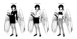 Rule 34 | 1girl, absurdres, alvitr (kaiju girls), angel, angel wings, belt, character sheet, clipboard, collared shirt, feathered wings, female focus, full body, greyscale, halo, hatching (texture), highleg, highleg panties, highres, kaiju girls, karasu raven, linear hatching, long sleeves, monochrome, navel, panties, pants, pantyhose, second-party source, shirt, shoes, short twintails, skirt, smile, solo, sports bra, twintails, underwear, variations, wings