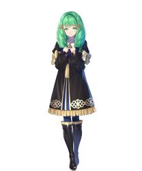 Rule 34 | 1girl, black dress, black footwear, boots, bow, clenched hands, closed mouth, detached sleeves, dress, female focus, fire emblem, fire emblem: three houses, fire emblem heroes, flayn (fire emblem), frills, full body, gold trim, green eyes, green hair, hair ornament, hands up, highres, knee boots, kousei horiguchi, long hair, long sleeves, looking at viewer, matching hair/eyes, nintendo, official art, pantyhose, school uniform, shiny clothes, smile, solo, standing, transparent background, turtleneck
