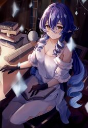 Rule 34 | 1girl, bare shoulders, belt, black gloves, blue hair, blurry, blush, book, bookshelf, breasts, chair, closed mouth, collarbone, crystal, dress, drill hair, drill sidelocks, frills, genshin impact, gloves, gradient hair, hair between eyes, hand up, highres, indoors, lamp, layla (genshin impact), library, light, long hair, looking at viewer, medium breasts, multicolored hair, nagominagon, off-shoulder dress, off shoulder, open book, pantyhose, pointy ears, puffy short sleeves, puffy sleeves, purple hair, scroll, shadow, short sleeves, sidelocks, sitting, smile, solo, sparkle, table, twintails, white belt, white dress, white pantyhose, yellow eyes