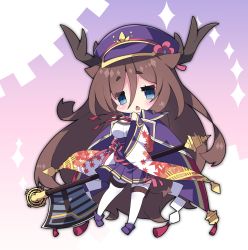 Rule 34 | 1girl, antlers, axe, blue eyes, blush, breasts, brown hair, cape, character request, chestnut mouth, commentary request, hair between eyes, hat, high-waist skirt, highres, holding, holding axe, holding weapon, horns, leaf print, long hair, long sleeves, looking at viewer, medium breasts, milkpanda, mist train girls, nara (mist train girls), open mouth, peaked cap, pleated skirt, print sleeves, purple cape, purple hat, purple skirt, shide, short eyebrows, skirt, sleeves past wrists, solo, sparkle, thick eyebrows, very long hair, weapon, wide sleeves