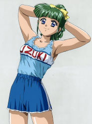 Rule 34 | 1990s (style), 1girl, arms behind head, arms up, blue eyes, blunt bangs, character name, clothes writing, cowboy shot, green hair, grey background, iijima miyuki, kadoi aya, kakyuusei, long hair, looking at viewer, non-web source, official art, retro artstyle, shorts, simple background, smile, solo, tank top