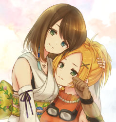 Rule 34 | 2girls, absurdres, blonde hair, blue eyes, brown hair, closed mouth, detached sleeves, final fantasy, final fantasy x, gloves, green eyes, hair ornament, hairclip, heterochromia, highres, japanese clothes, jewelry, multiple girls, necklace, rikku (ff10), sally (pacch0614), short hair, smile, tearing up, x hair ornament, yuna (ff10)
