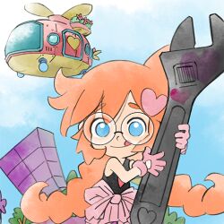 Rule 34 | 1girl, aircraft, blue eyes, blue sky, clothes around waist, glasses, gloves, hair ornament, heart, heart hair ornament, helicopter, holding, holding wrench, looking at viewer, nintendo, official art, orange hair, penny crygor, pink gloves, sky, takeuchi kou, third-party source, tongue, tongue out, warioware, warioware: get it together!, wrench