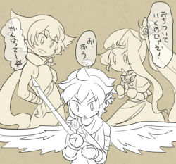 Rule 34 | 1boy, 2girls, angel, angel wings, armband, clenched hands, dark pit, dress, flower, fluora, hair flower, hair ornament, hand on own hip, holding, holding weapon, kid icarus, kid icarus uprising, long hair, looking at another, lowres, midriff, multiple girls, nintendo, phosphora, ponytail, scarf, smile, translation request, v-shaped eyebrows, viridi, weapon, wings