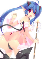 Rule 34 | 1girl, ass, blue hair, breasts, from behind, hoshino madoka, large breasts, long hair, looking back, open mouth, panties, phantasy star, phantasy star portable 2, pointy ears, red eyes, smile, solo, staff, thong, twintails, underboob, underwear