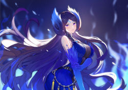 Rule 34 | 1girl, absurdres, bare shoulders, belt, blue background, blue dress, blue fire, blue gloves, blue hair, blush, breasts, brighid (xenoblade), cleavage, cowboy shot, dress, elbow gloves, facial mark, fire, forehead mark, from side, gloves, gradient hair, hand on own arm, highres, huge filesize, large breasts, long hair, looking at viewer, looking to the side, mo xiaoxue, multicolored hair, nintendo, parted bangs, parted lips, purple eyes, purple hair, smile, solo, very long hair, xenoblade chronicles (series), xenoblade chronicles 2