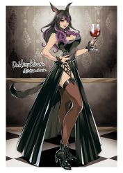 Rule 34 | 1girl, aihcnim, animal ears, warrior of light (ff14), black dress, black hair, black thighhighs, breasts, cat ears, cat tail, cleavage, commission, cup, dress, drinking glass, earrings, facial mark, final fantasy, final fantasy xiv, fingernails, from side, full body, hand on own hip, heterochromia, high heels, jewelry, large breasts, lips, long fingernails, long hair, looking at viewer, minchia, miqo&#039;te, multicolored hair, purple hair, side slit, sleeveless, solo, tail, thighhighs, two-tone hair, wine glass, wrist cuffs