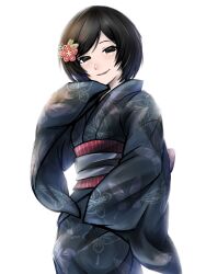 Rule 34 | 1girl, animal print, black eyes, black hair, blue kimono, breasts, butterfly print, commentary, cowboy shot, empty eyes, flower, furisode, hair flower, hair ornament, highres, japanese clothes, kimono, light blush, monogatari (series), monogatari series puc puc, narrowed eyes, obi, oshino ougi, pale skin, parted lips, red flower, red sash, sash, short hair, simple background, sleeves past fingers, sleeves past wrists, small breasts, smile, solo, standing, swept bangs, tsukihi shida, very long sleeves, white background, wide sleeves, yukata