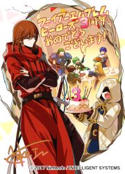 Rule 34 | blonde hair, brown hair, cake, closed mouth, coat, crossed arms, draug (fire emblem), finn (fire emblem), fire emblem, food, gordin (fire emblem), green hair, highres, holding, holding cake, holding food, itagaki hako, long hair, nintendo, official art, open mouth, purple hair, red coat, red hair, roderick (fire emblem), rutger (fire emblem), short hair, translation request
