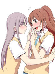 Rule 34 | 2girls, :3, :d, bang dream!, blue neckwear, blush, brown hair, collared shirt, earrings, face-to-face, flying sweatdrops, grey eyes, half updo, hands up, imai lisa, jewelry, long hair, looking at another, minato yukina, multiple girls, murata (igaratara), necktie, open mouth, purple hair, rabbit earrings, school uniform, shirt, short sleeves, simple background, smile, sweatdrop, sweater vest, v-shaped eyebrows, white background, yellow eyes, yuri