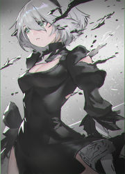 Rule 34 | 1girl, black hairband, breasts, cleavage, cleavage cutout, clothing cutout, covered navel, feather trim, green eyes, grey hair, hair between eyes, hairband, nier (series), nier:automata, puffy sleeves, short hair, solo, torn, torn clothes, turtleneck, wind, xleontan, 2b (nier:automata)