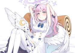 Rule 34 | 1girl, absurdres, adjusting hair, angel wings, armpits, arms behind head, arms up, bed sheet, blue archive, blue bow, blue bowtie, blunt bangs, blush, bow, bowtie, buttons, cake, capelet, commentary request, dress, feathered wings, feet out of frame, flower, food, food-themed pillow, gradient hair, hair bun, hair flower, hair ornament, hair scrunchie, halo, hands in hair, high collar, highres, knees up, long hair, looking at viewer, low wings, mika (blue archive), multicolored hair, one side up, pantyhose, pink hair, purple flower, ribbon, scrunchie, simple background, single side bun, sitting, sleeveless, sleeveless dress, smile, solo, starry sky print, swiss roll, two-tone hair, tyobis., underbust, white background, white capelet, white dress, white pantyhose, white ribbon, white wings, wing ornament, wings, wrist scrunchie, yellow eyes