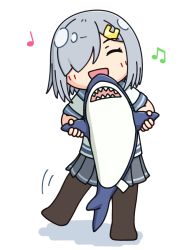 Rule 34 | beamed eighth notes, black pantyhose, closed eyes, commentary request, dancing, grey hair, grey sailor collar, grey skirt, hair ornament, hair over one eye, hairclip, hama! (3toshinhmkz), hamakaze (kancolle), holding, kantai collection, musical note, neckerchief, no nose, pantyhose, pleated skirt, quarter note, sailor collar, school uniform, serafuku, short hair, simple background, skirt, smile, stuffed animal, stuffed shark, stuffed toy, white background