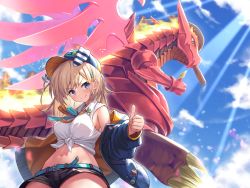 Rule 34 | 1girl, belt, bettle (b s a n), black shorts, blonde hair, blue eyes, blue sky, breasts, cigar, crop top, day, dragon, fire, hair ornament, hat, jacket, medium breasts, midriff, monster company, mouth hold, navel, official art, outdoors, shirt, short shorts, shorts, sky, smile, smoking, tied shirt, white shirt