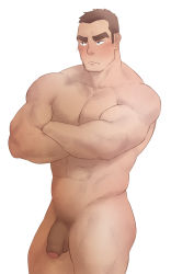 Rule 34 | 1boy, abs, bad id, bad pixiv id, bara, blush, brown hair, completely nude, cowboy shot, crossed arms, feiya6022, flaccid, foreskin, groin, highres, male focus, male pubic hair, muscular, muscular male, navel, navel hair, nude, original, pectorals, penis, pout, pubic hair, short hair, sideburns, solo, stomach, thick eyebrows, thick thighs, thighs, uncensored, very short hair