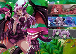 Rule 34 | 5girls, animal hands, blush, breasts, claws, cleavage, colored skin, dark-skinned female, dark skin, demon wings, dragon girl, dress, extra mouth, extra tongue, flower, for-u, green skin, hair over one eye, hat, horns, jabberwock (monster girl encyclopedia), kraken (monster girl encyclopedia), large breasts, liliraune (monster girl encyclopedia), long hair, long tongue, looking at viewer, monster girl, monster girl encyclopedia, monster girl encyclopedia ii, multiple girls, nature, navel, open mouth, outdoors, pale skin, plant, plant girl, purple eyes, purple hair, red eyes, red hair, sandworm (monster girl encyclopedia), scylla, sidelocks, smile, tail, tattoo, teeth, tentacles, tongue, tongue out, very long hair, wings