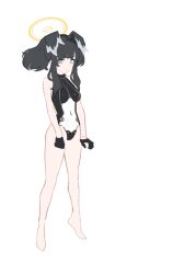Rule 34 | 1girl, alternate costume, animal ears, barefoot, black hair, blue archive, breasts, concept art, dog ears, full body, gloves, halo, hibiki (blue archive), leotard, mimitoke, simple background, small breasts, solo, standing, tail, white background