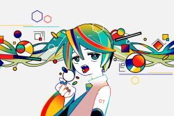 Rule 34 | 1girl, abstract, aqua eyes, aqua hair, aqua nails, aqua necktie, black sleeves, collared shirt, colored skin, colorful, commentary, detached sleeves, floating hair, from side, hair between eyes, halftone, hand up, hatsune miku, long bangs, long hair, long sleeves, looking at viewer, looking to the side, machigami yoh, multicolored hair, nail polish, necktie, open mouth, pink shirt, shirt, simple background, sleeveless, sleeveless shirt, solo, tongue, tongue out, twintails, upper body, vocaloid, white background, white skin, wide sleeves