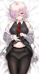 Rule 34 | 1girl, bare shoulders, bed sheet, black-framed eyewear, black pantyhose, blush, breasts, cle masahiro, clothes lift, commentary request, cowboy shot, eyes visible through hair, fate/grand order, fate (series), glasses, gusset, hair over one eye, jacket, large breasts, legs together, looking at viewer, lying, mash kyrielight, navel, necktie, off shoulder, on back, panties, panties under pantyhose, pantyhose, purple eyes, purple hair, seamed legwear, short hair, skirt, skirt lift, solo, underwear, white panties