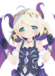 Rule 34 | 1girl, :o, ahoge, black dress, black gloves, blonde hair, child, clothing cutout, collarbone, commentary request, demon horns, demon wings, detached sleeves, dress, flat chest, frilled dress, frills, gloves, green eyes, hair ornament, hands up, highres, horns, hosizora mikoto, idolmaster, idolmaster cinderella girls, light blush, looking at viewer, medium hair, messy hair, navel, navel cutout, solo, upper body, white background, wings, yusa kozue