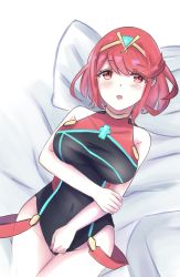 Rule 34 | 1girl, absurdres, bed, black one-piece swimsuit, blush, breasts, competition swimsuit, gem, hair ornament, headpiece, highres, jewelry, large breasts, lying, mxsoundtube, nintendo, one-piece swimsuit, open mouth, pyra (pro swimmer) (xenoblade), pyra (xenoblade), red eyes, red hair, short hair, shy, sidelocks, smile, solo, swimsuit, thighs, tiara, xenoblade chronicles (series), xenoblade chronicles 2