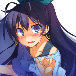 Rule 34 | 1girl, antenna hair, black hair, blue eyes, blush, collarbone, earrings, ganaha hibiki, hoop earrings, idolmaster, idolmaster (classic), jewelry, long hair, looking at viewer, open mouth, ponytail, racer (magnet), simple background, solo, tears, wavy mouth, white background, wide ponytail